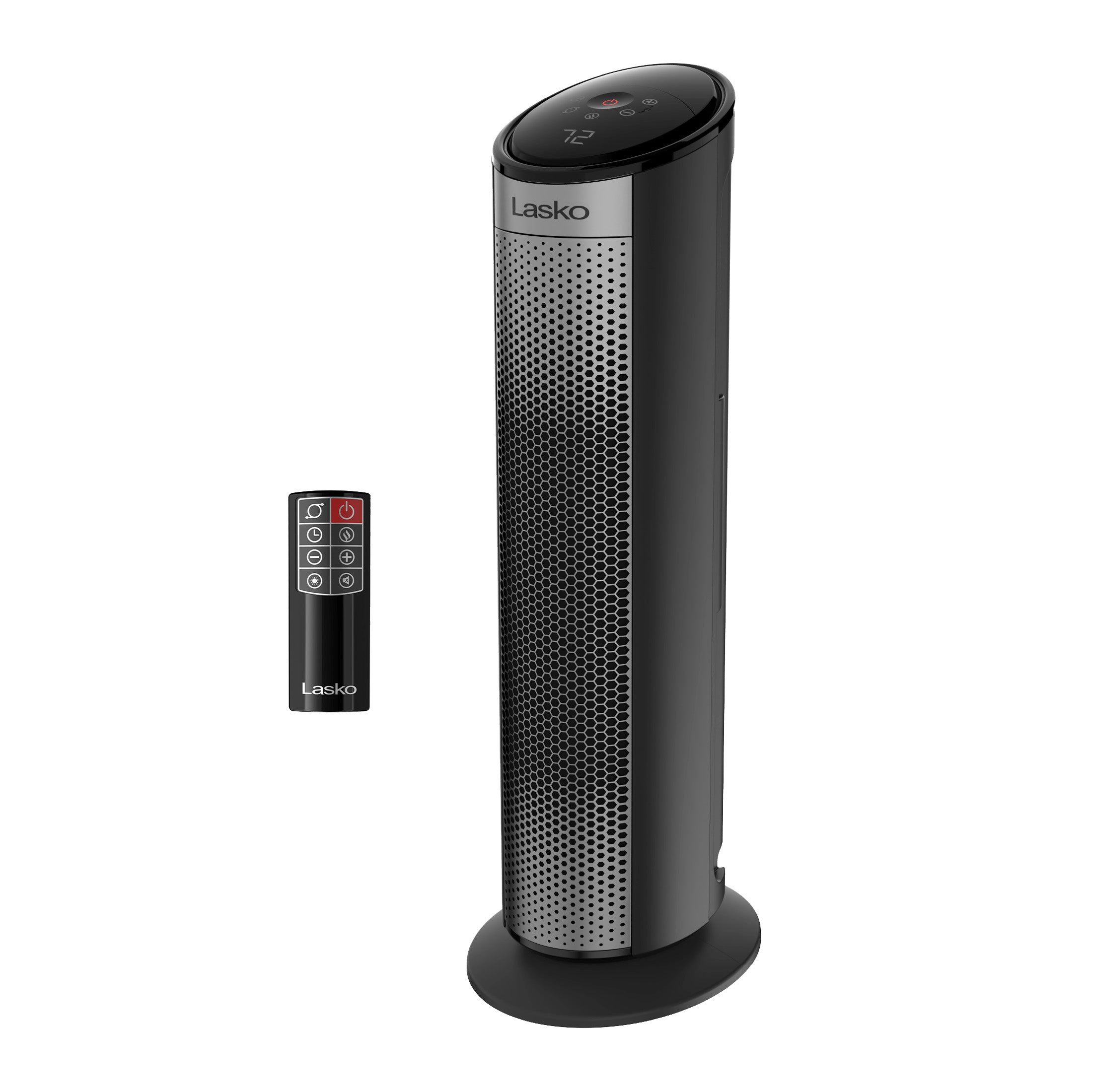 Black and silver Lasko CT22498 ceramic tower heater with remote on white background
