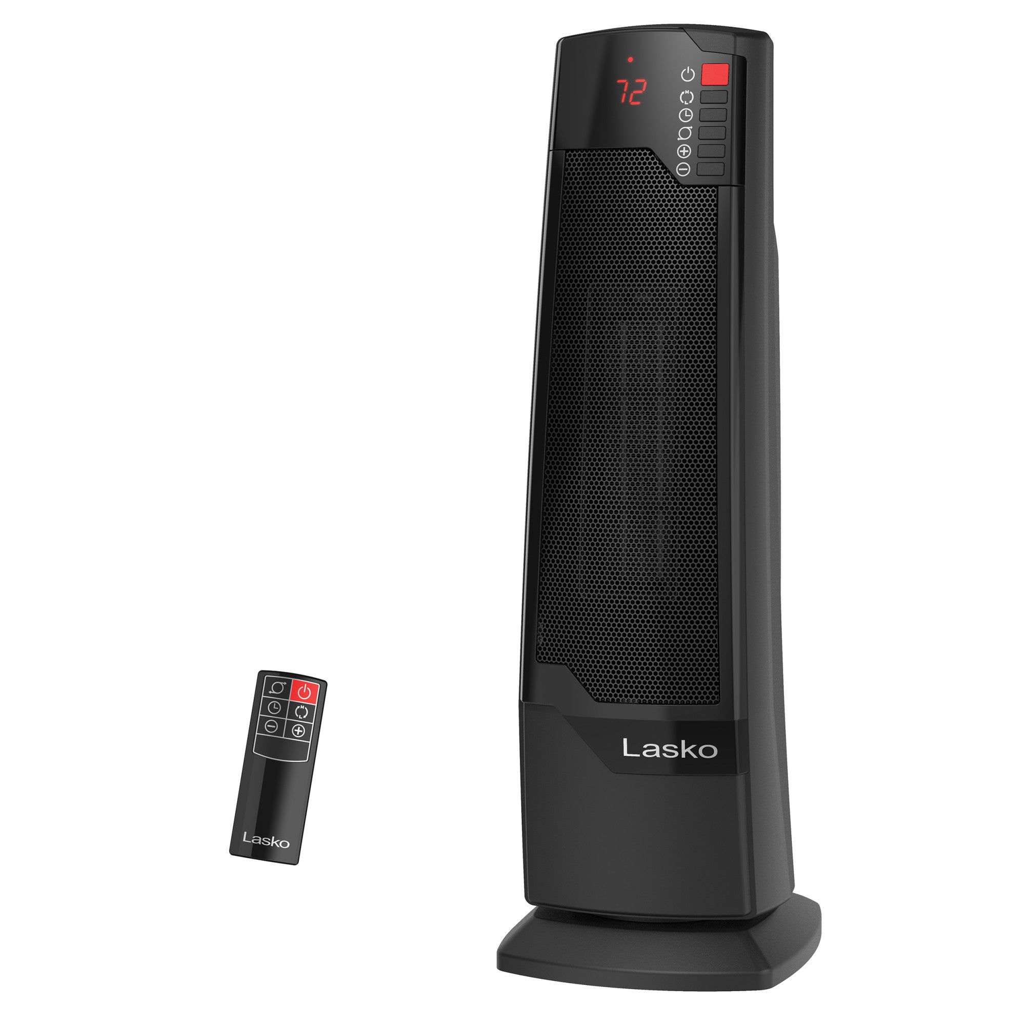 Black Lasko CT22835 22-inch ceramic tower space heater with included remote