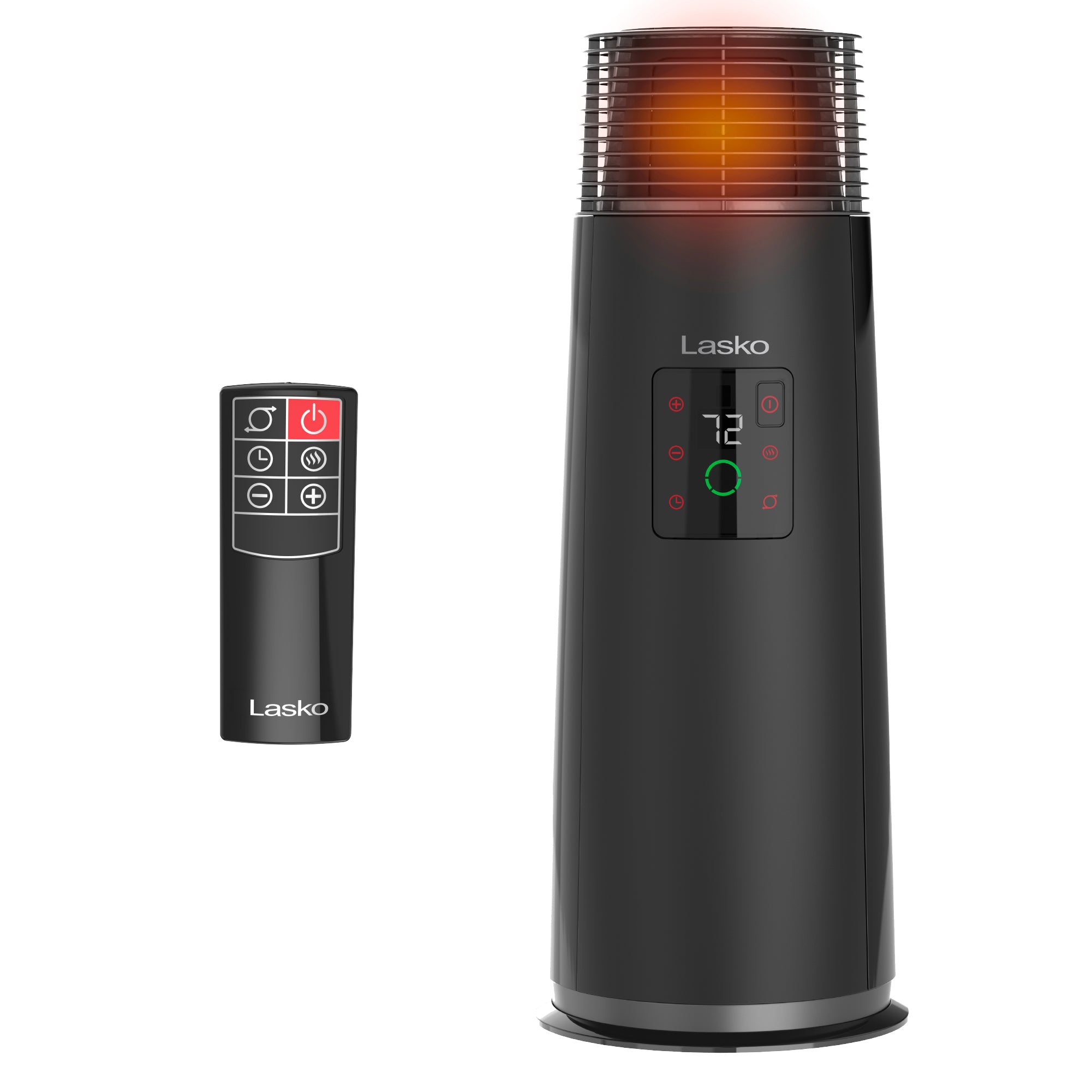 Black Lasko CT24362 ceramic tower heater with separate handheld remote