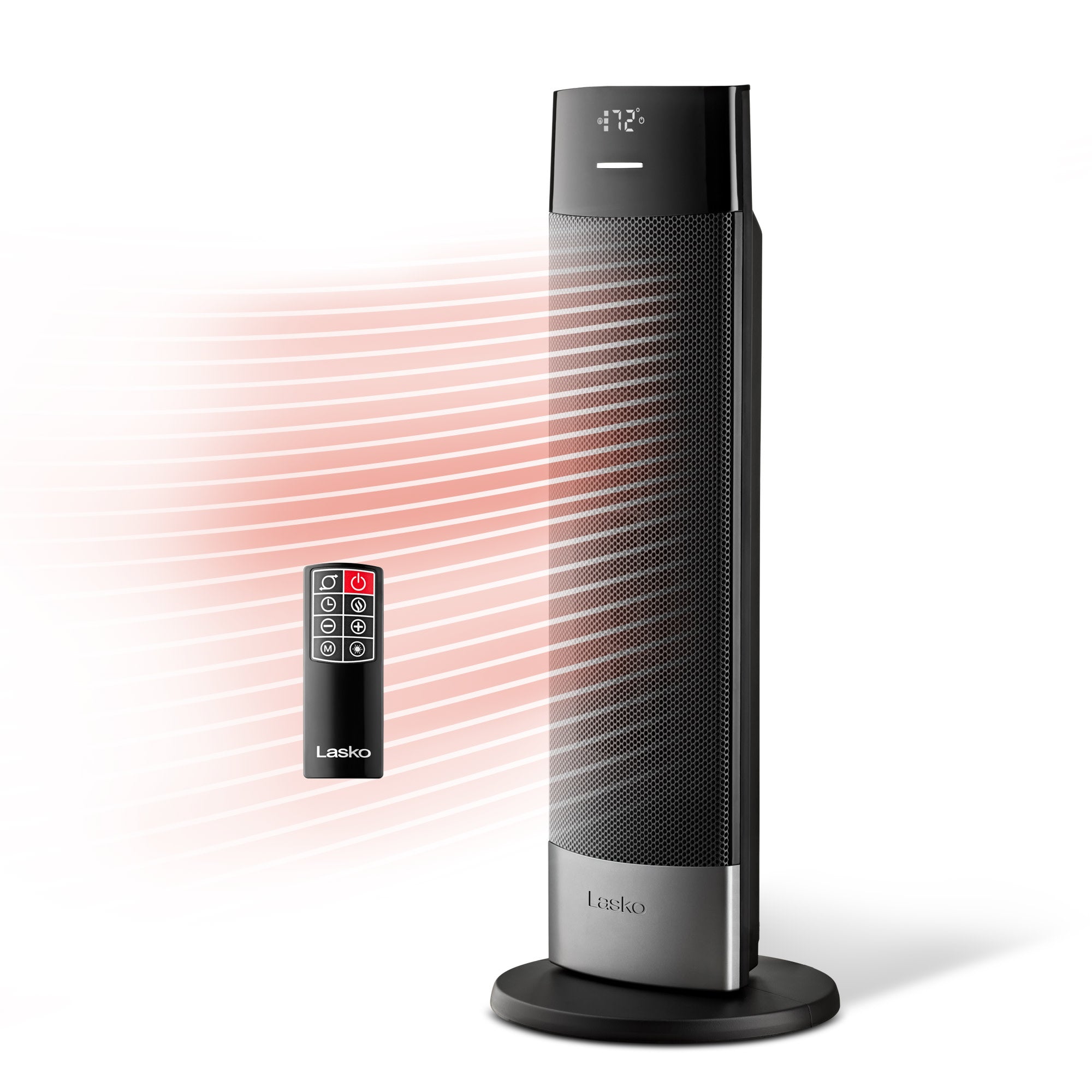Lasko CT24950 black ceramic tower heater with its remote on a light studio background