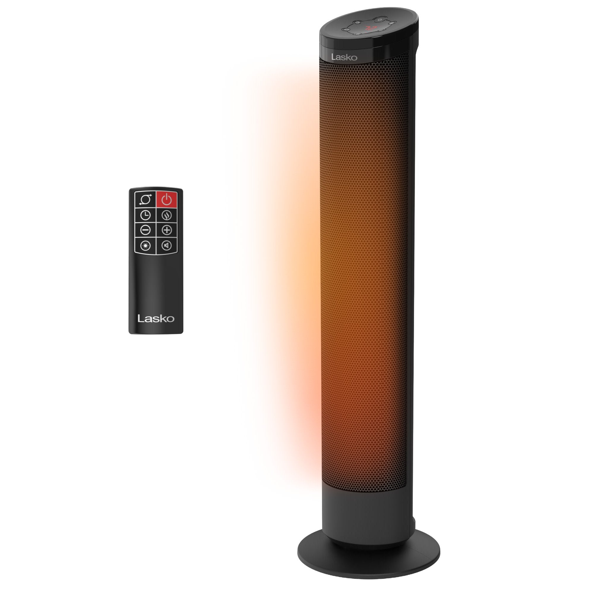 Black Lasko CT30300 ceramic tower heater with included remote on a white field