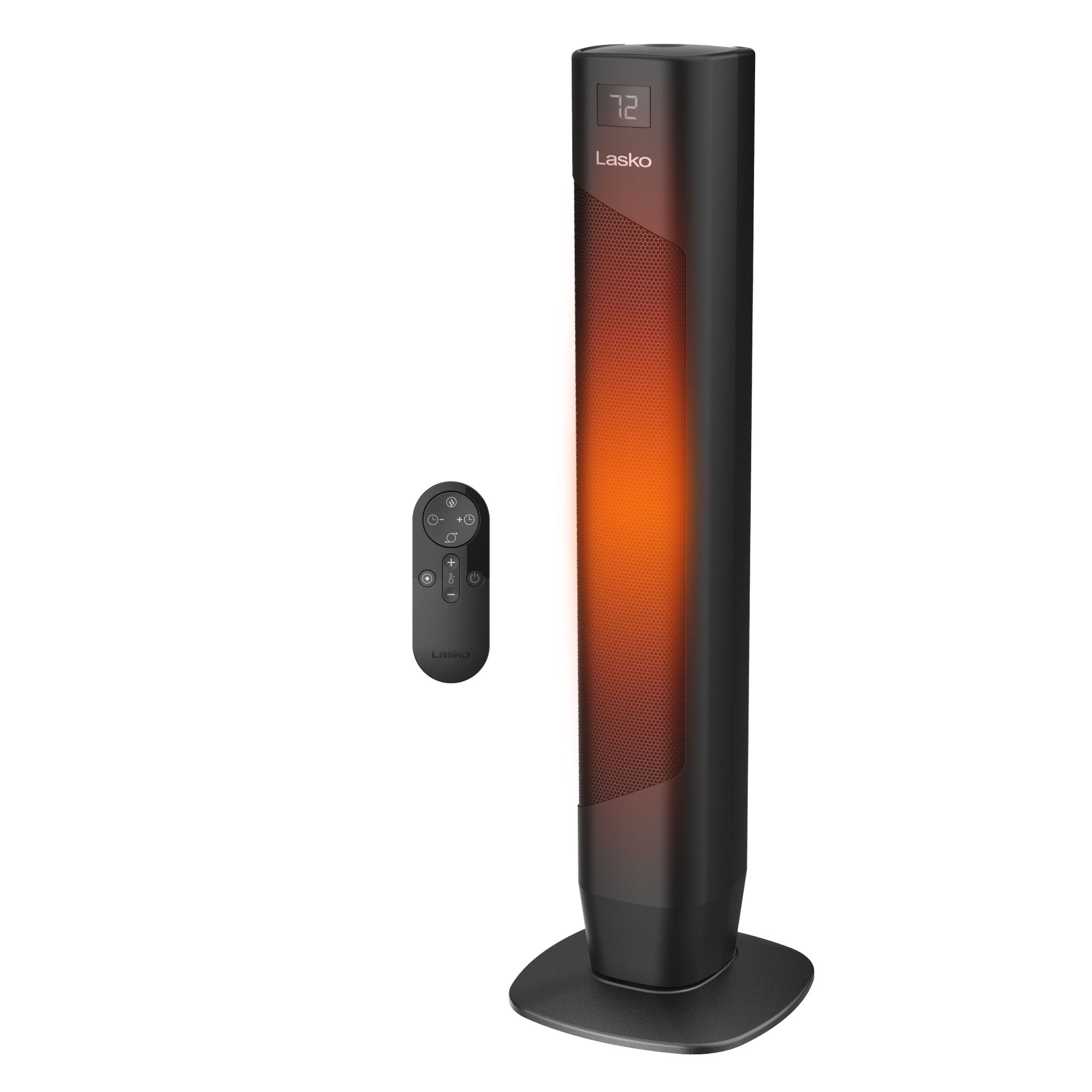 Black Lasko CT32150 32-inch digital ceramic tower space heater and included remote
