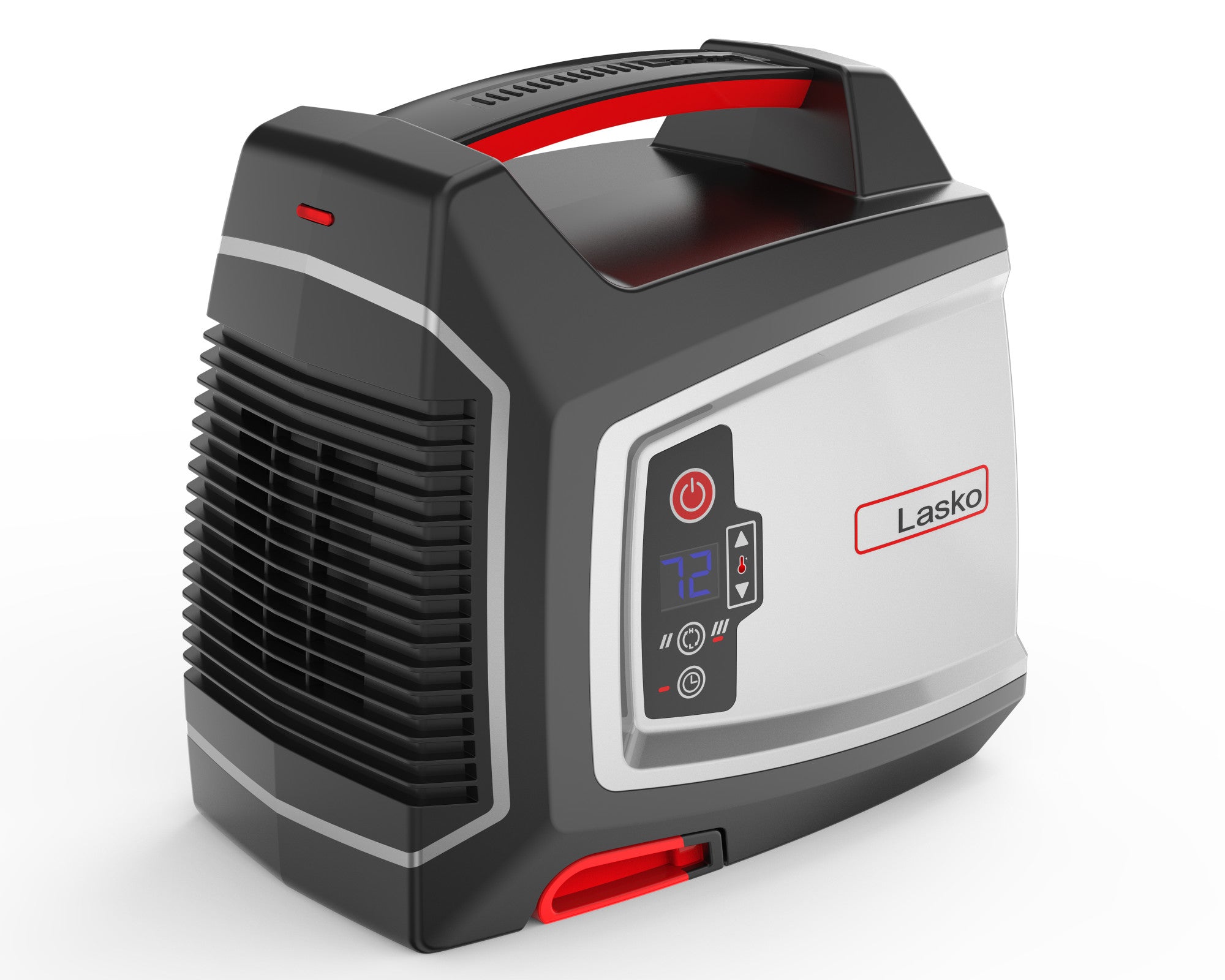 Black and gray Lasko CU12510 ceramic utility heater with red trim, digital controls and carry handle