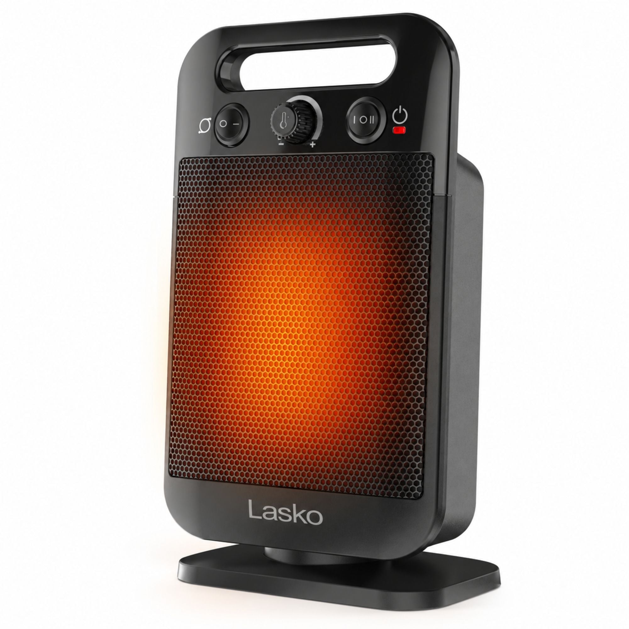 Black Lasko MyHeat-GO CD12100 tabletop ceramic heater with a front grille, top carry handle and manual controls.