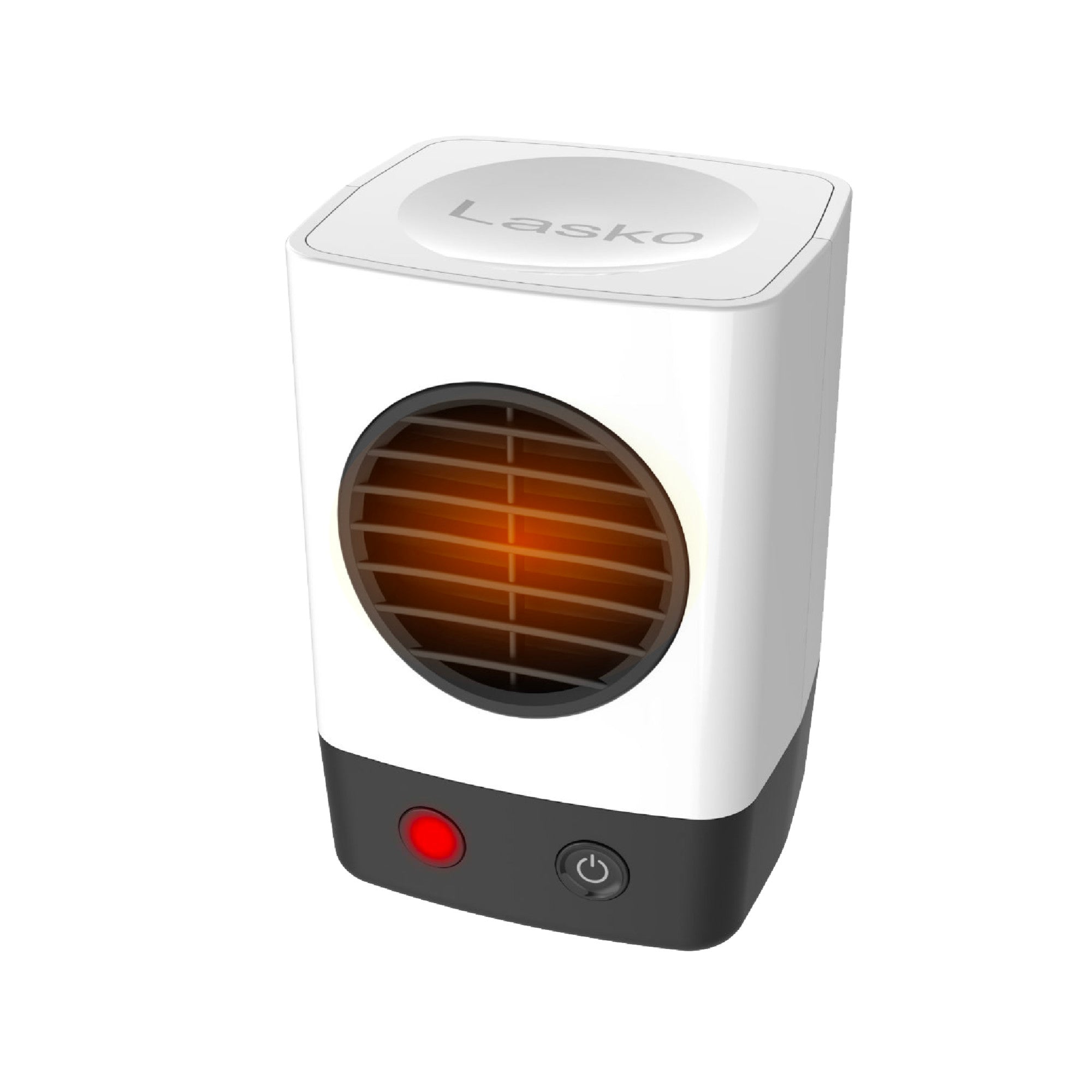 White Lasko MyHeat Mini 201 compact ceramic heater with circular front grille and dark lower control base.