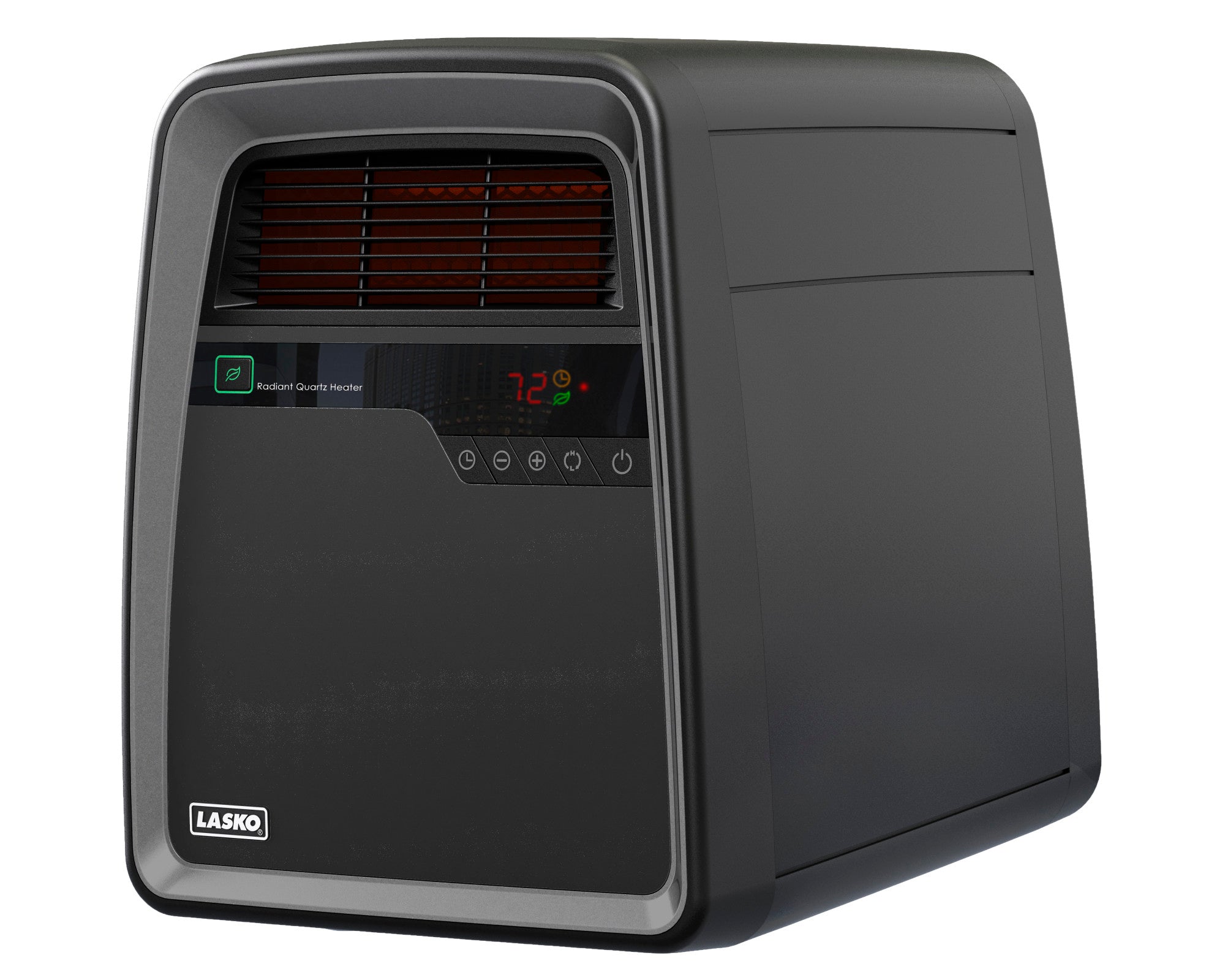 Black Lasko QB16103 infrared quartz cabinet heater with front grille and red digital readout