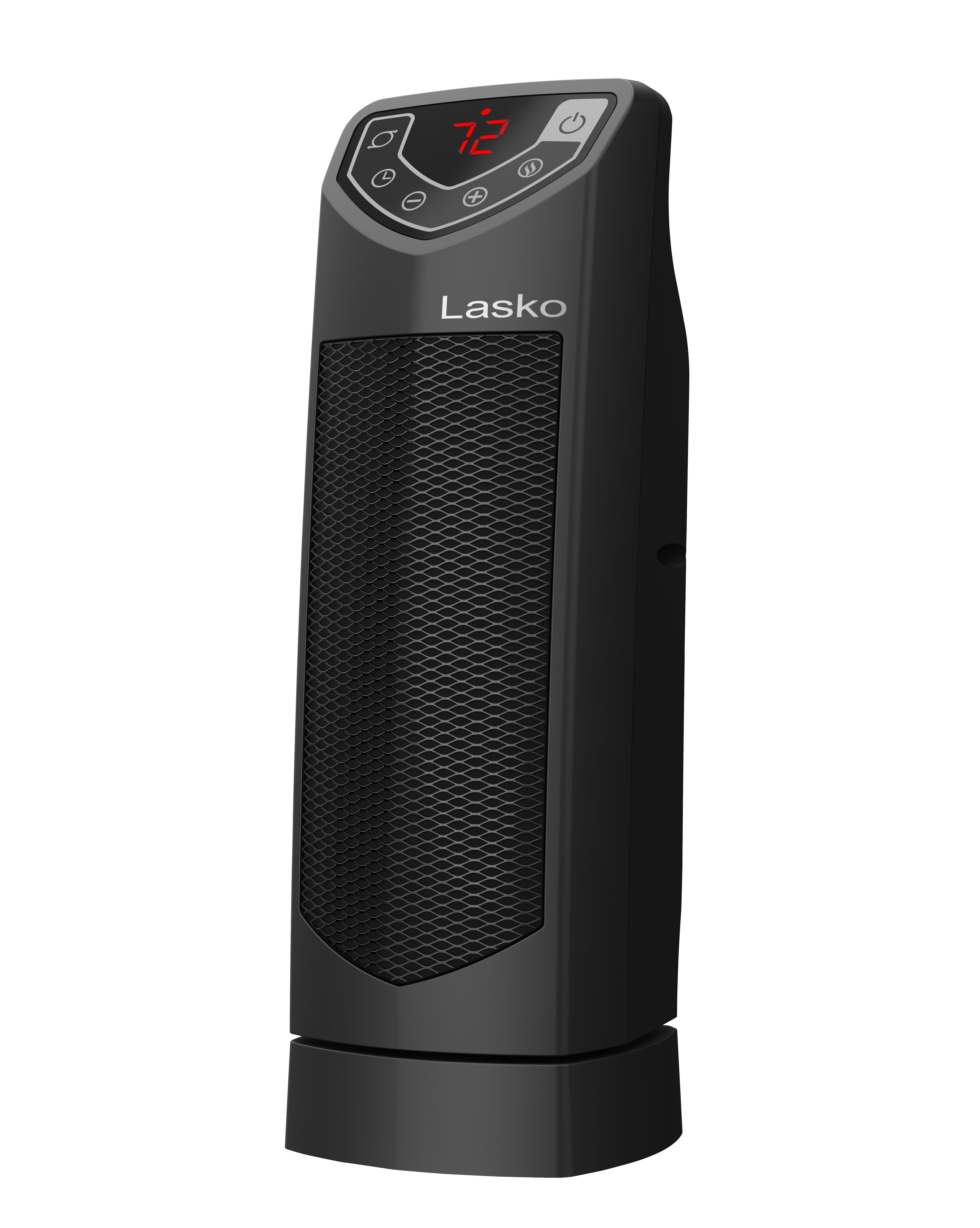Black Lasko Ready Heat CT14401 ceramic tower heater with a front grille, top touch controls and round base.