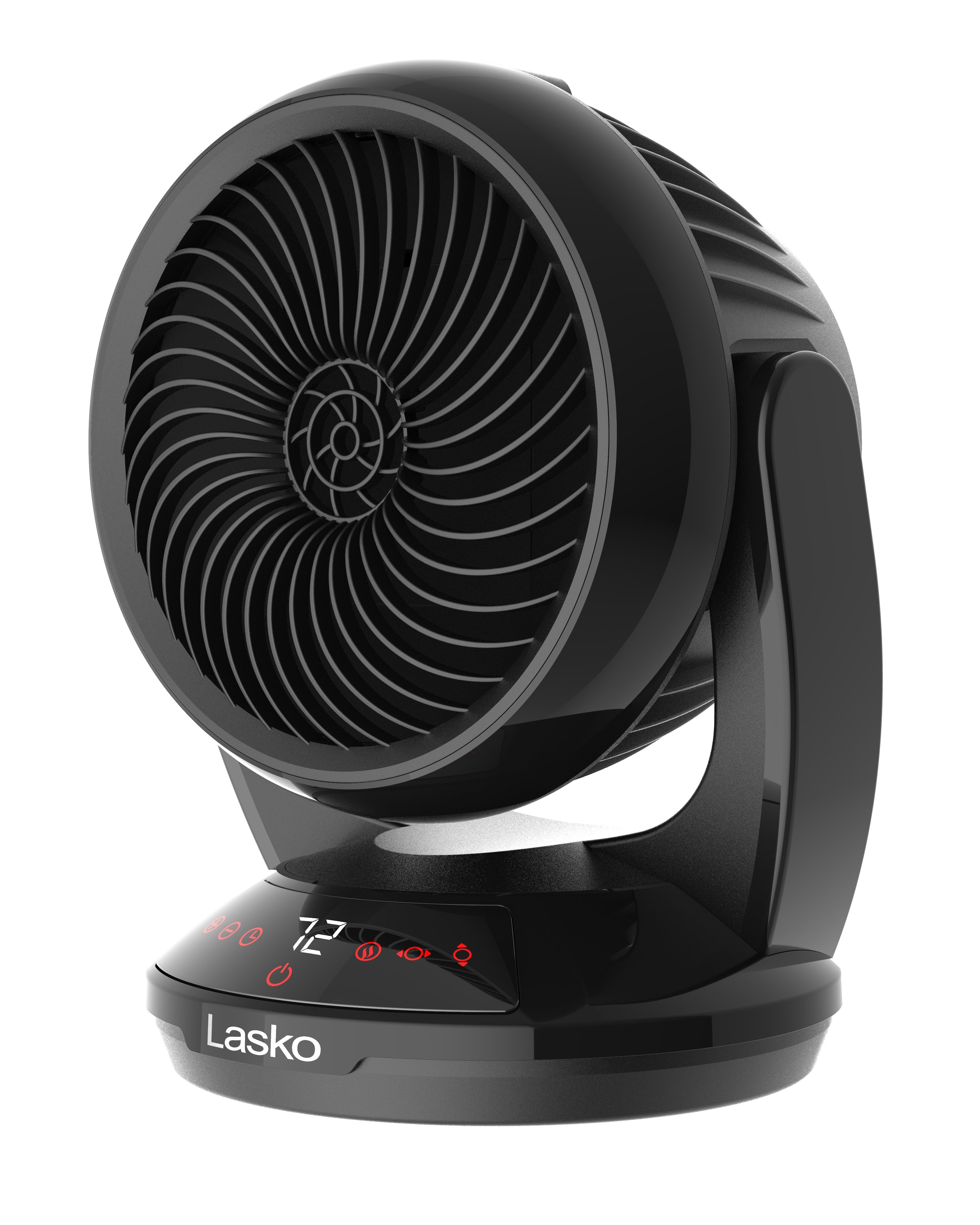 Black Lasko Whirlwind Heat CS12350 tabletop ceramic heater with a round front grille and controls on the base.