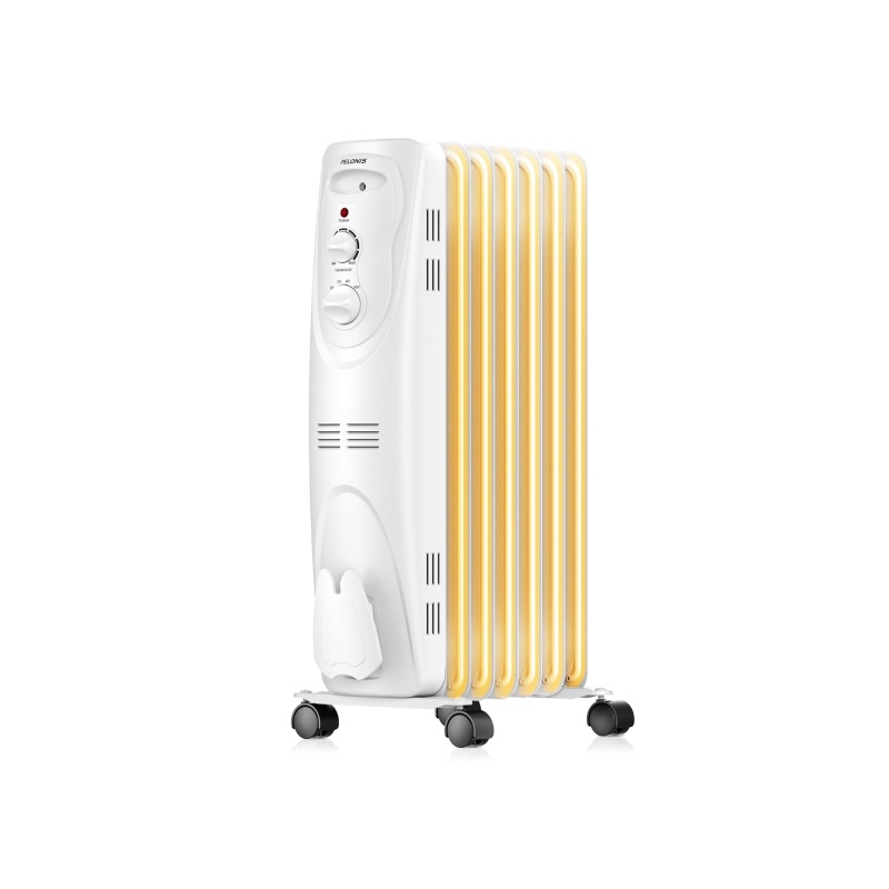 White Pelonis PHO15A2AGW oil-filled radiator with mechanical controls and caster wheels, manufacturer image