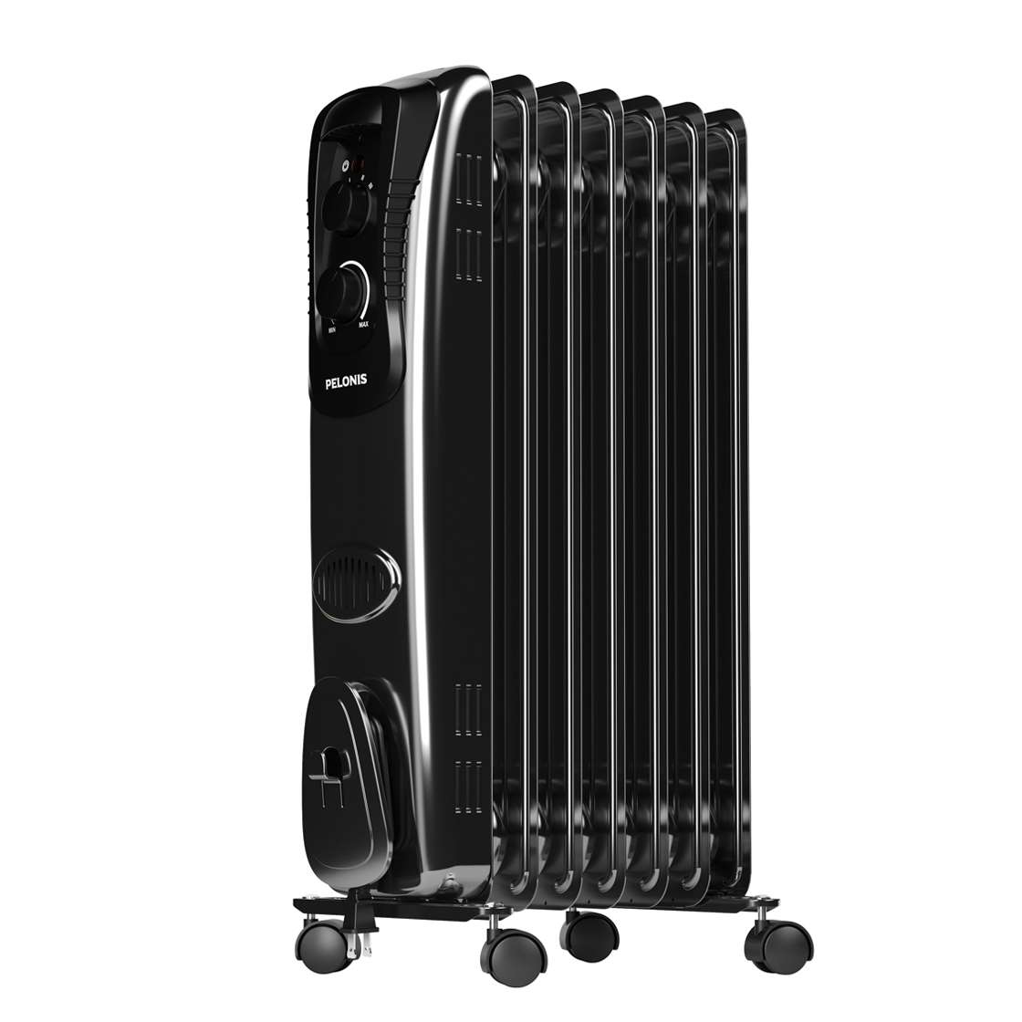Pelonis PSH07M1AWW / NY1507-17LA black oil-filled radiator shown upright with control panel and caster wheels, manufacturer image