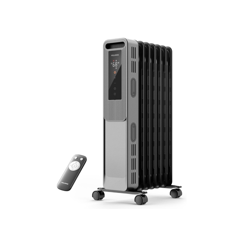 Pelonis PSHO07JR4AGB gray/black digital oil-filled radiator with display, remote and caster wheels, manufacturer image.