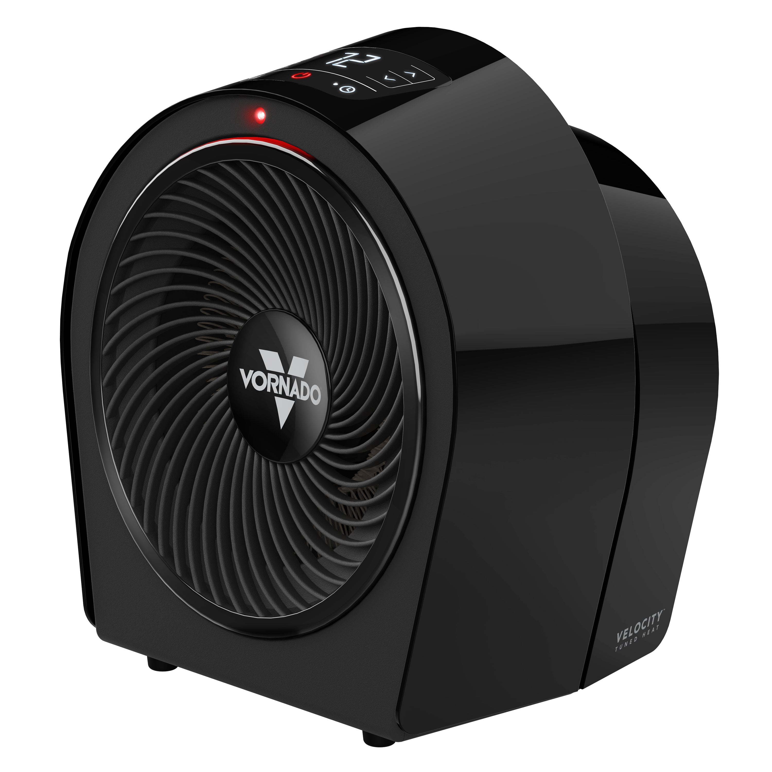 Vornado Velocity 3R EH1-0160-06, black compact heater with circular front grille and top touch panel.