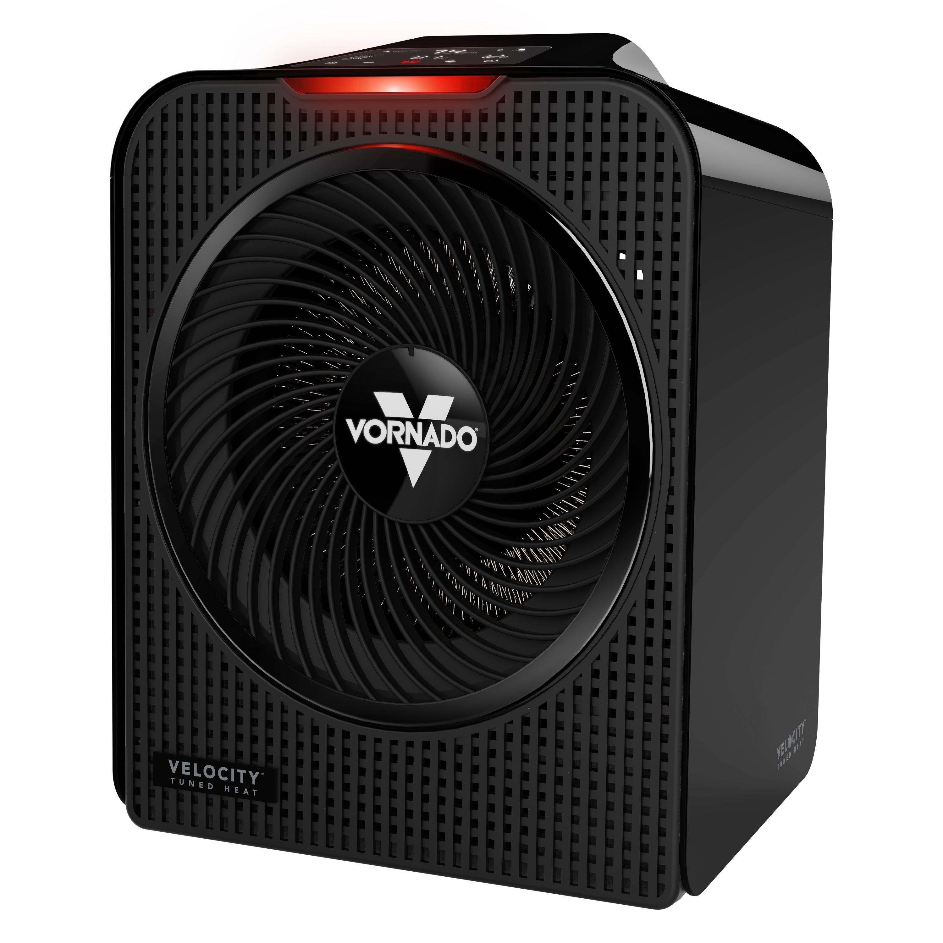 Vornado Velocity 5+ EH1-0237-06 black floor heater with large circular grille and digital top panel.