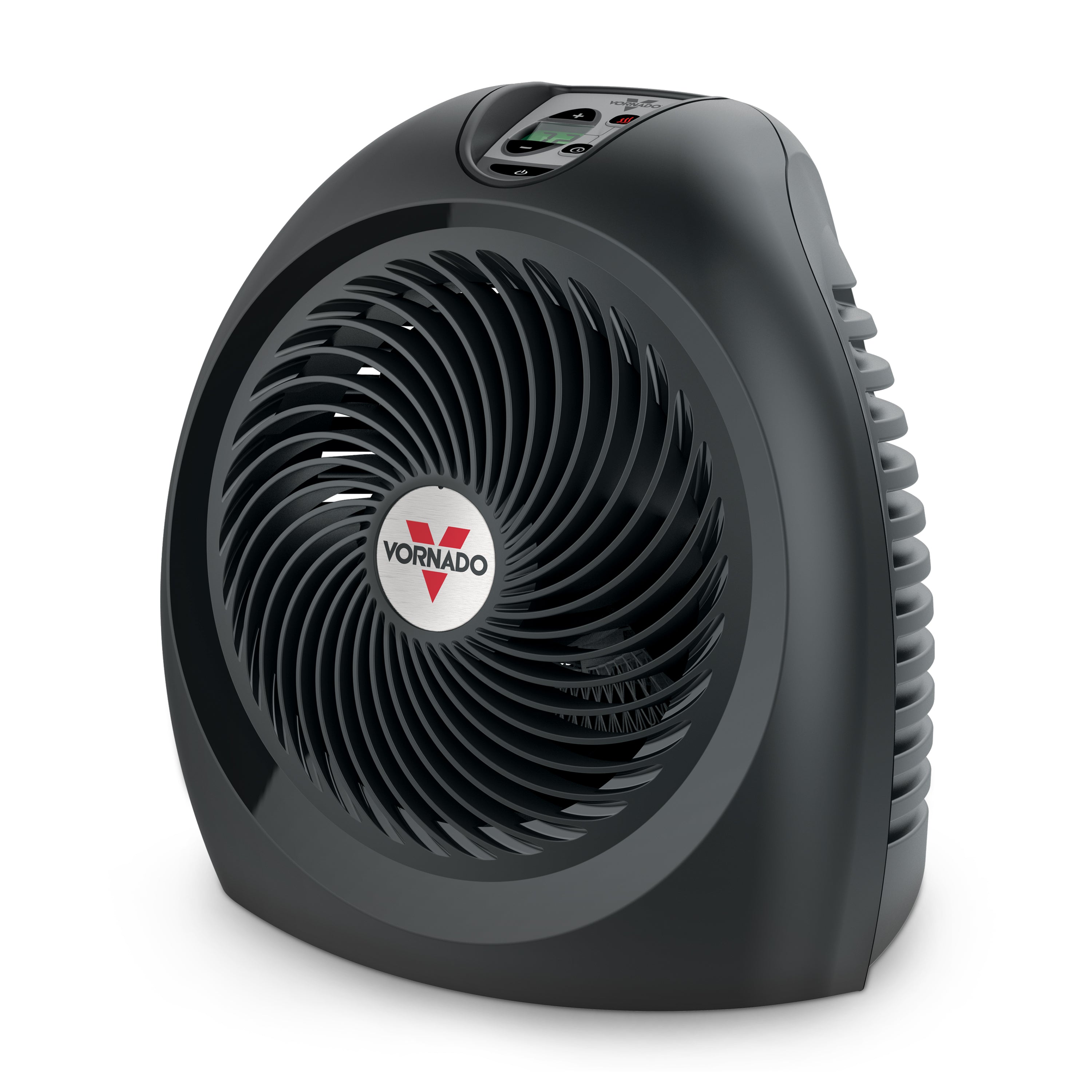 Black Vornado AVH2 Advanced whole-room heater from the front, with a digital push-button display above the spiral grille.