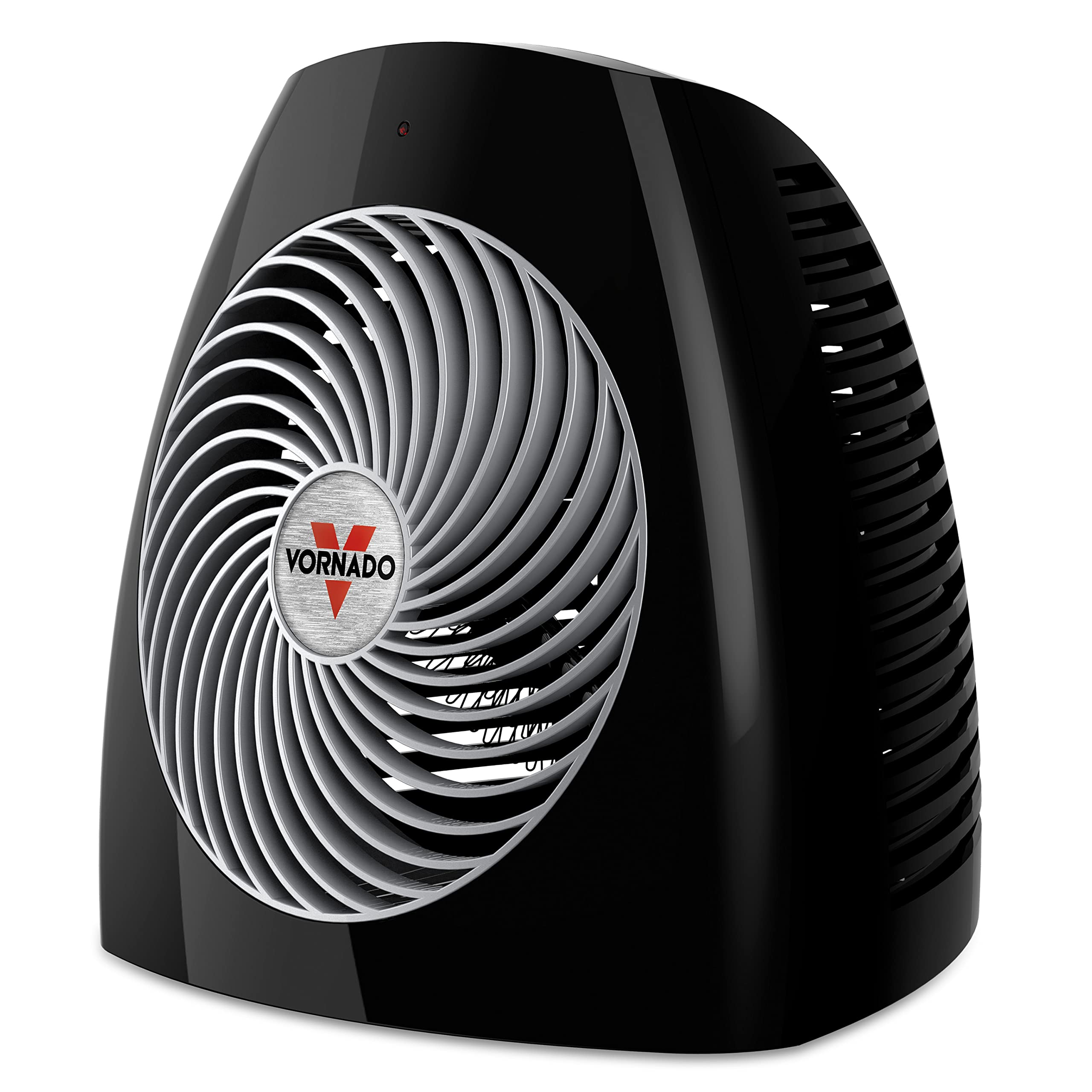 Black Vornado MVH Whole Room Heater, showing its circular front grille and carry handle