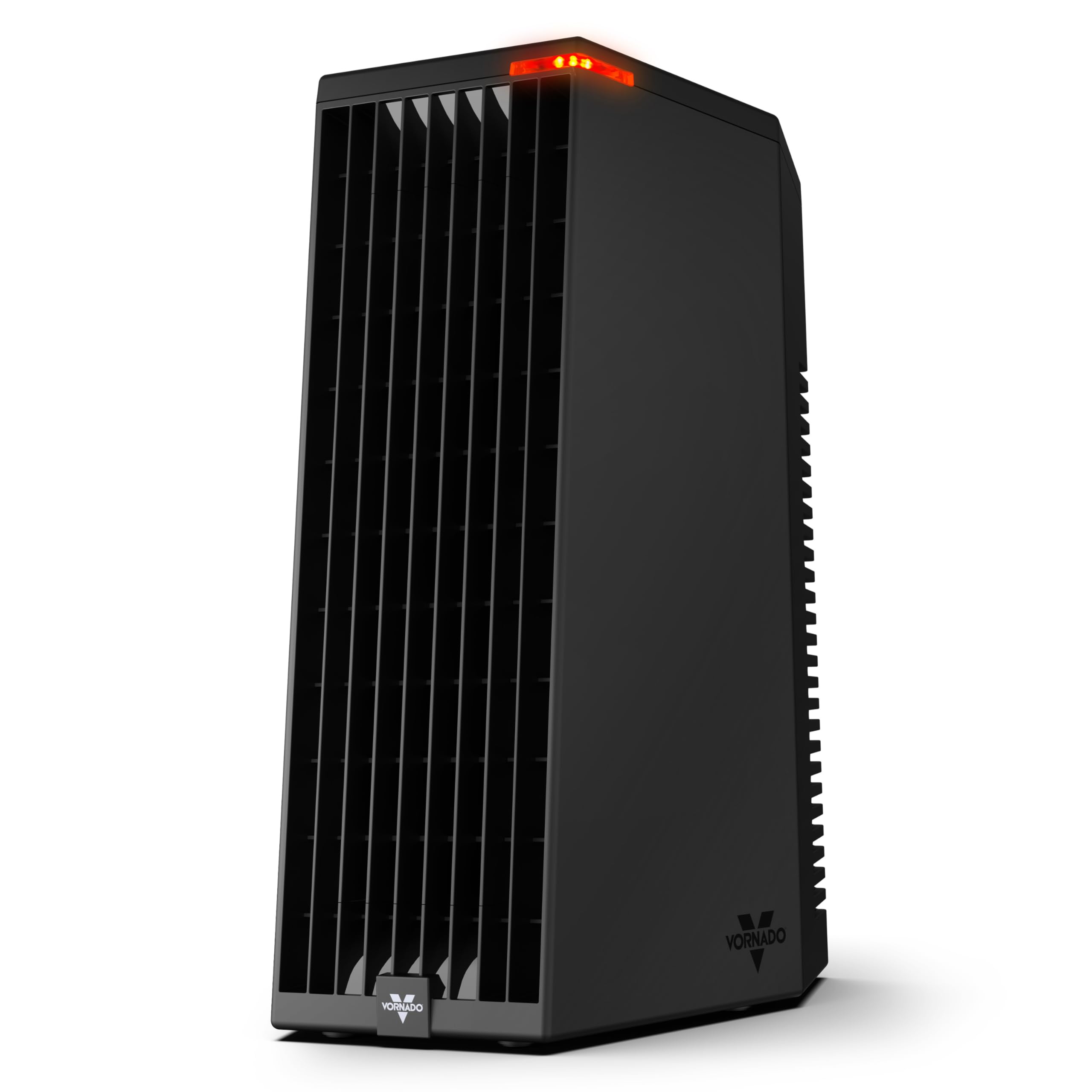 Vornado Rise 12H Personal Space Heater in black, upright compact tower with a long front grille and side air slots