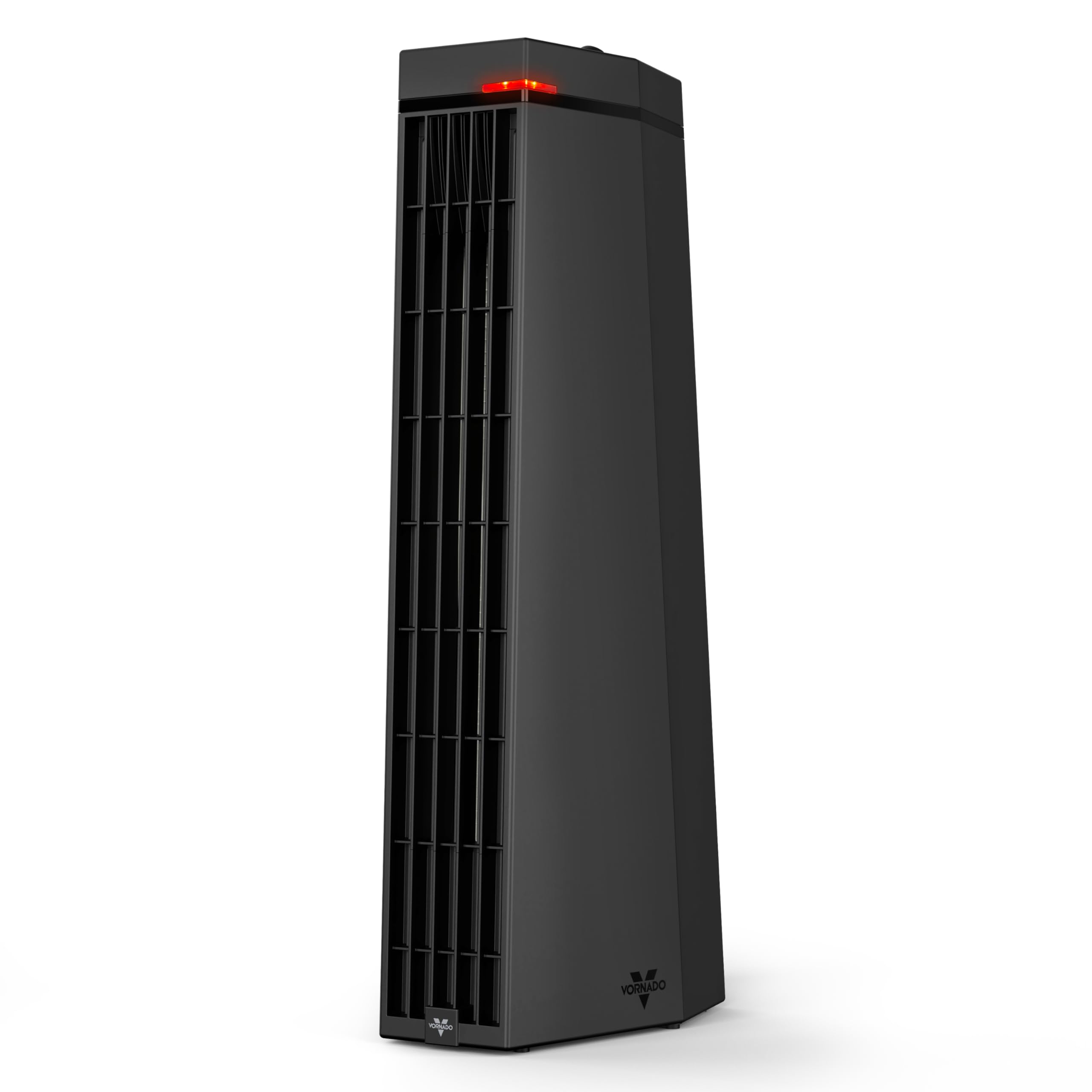 Black Vornado Rise 20H tower heater shown upright with tall front grille and Vornado mark.