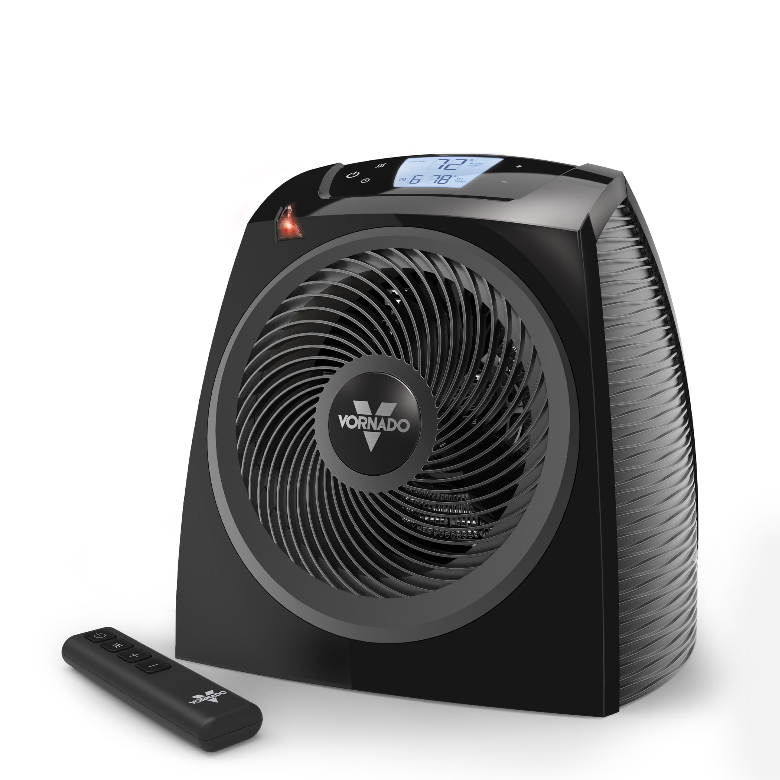 Black Vornado TAVH10 floor heater with circular front grille, digital top display and included remote