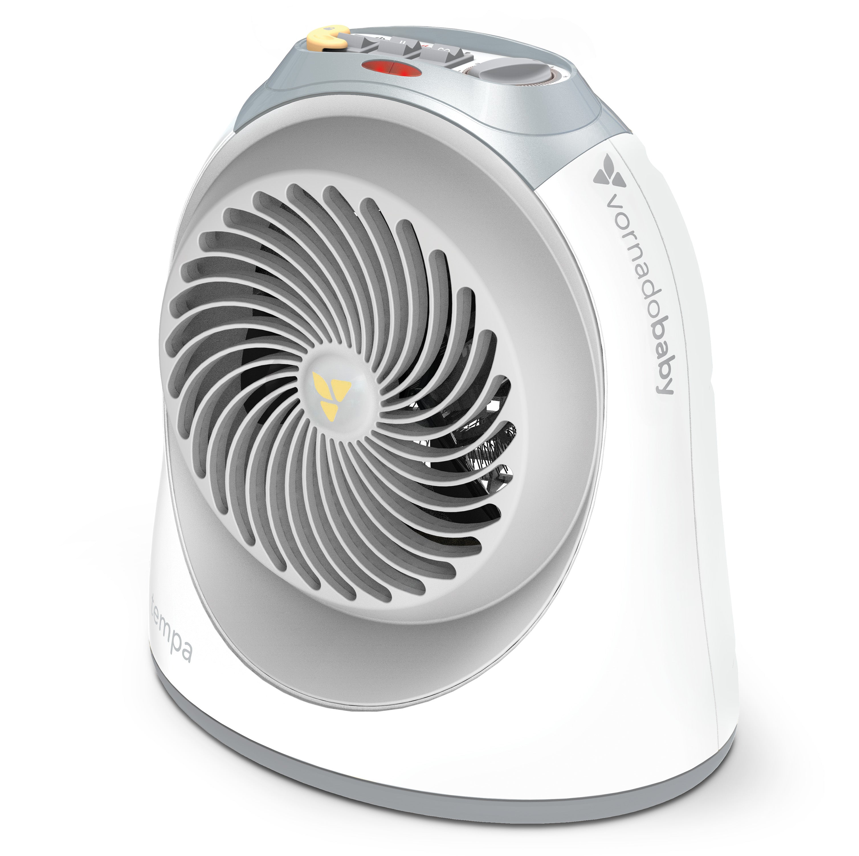Vornado Tempa Small Nursery Heater in white/light gray with circular dark fan grille, upper controls and visible Lock Arm