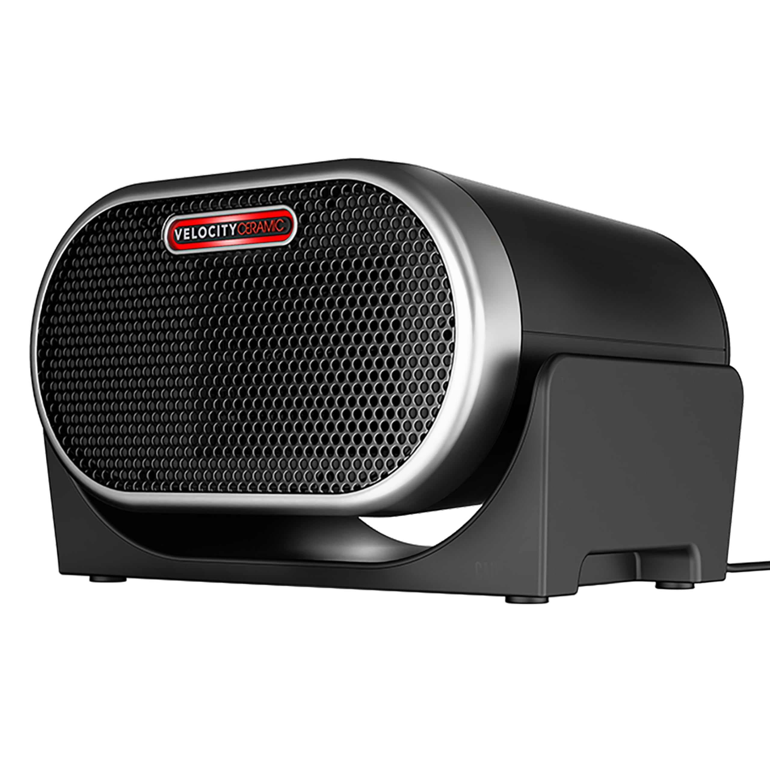 Vornado VC-01 black low-profile ceramic space heater with oval perforated front grille, curved housing and small support base