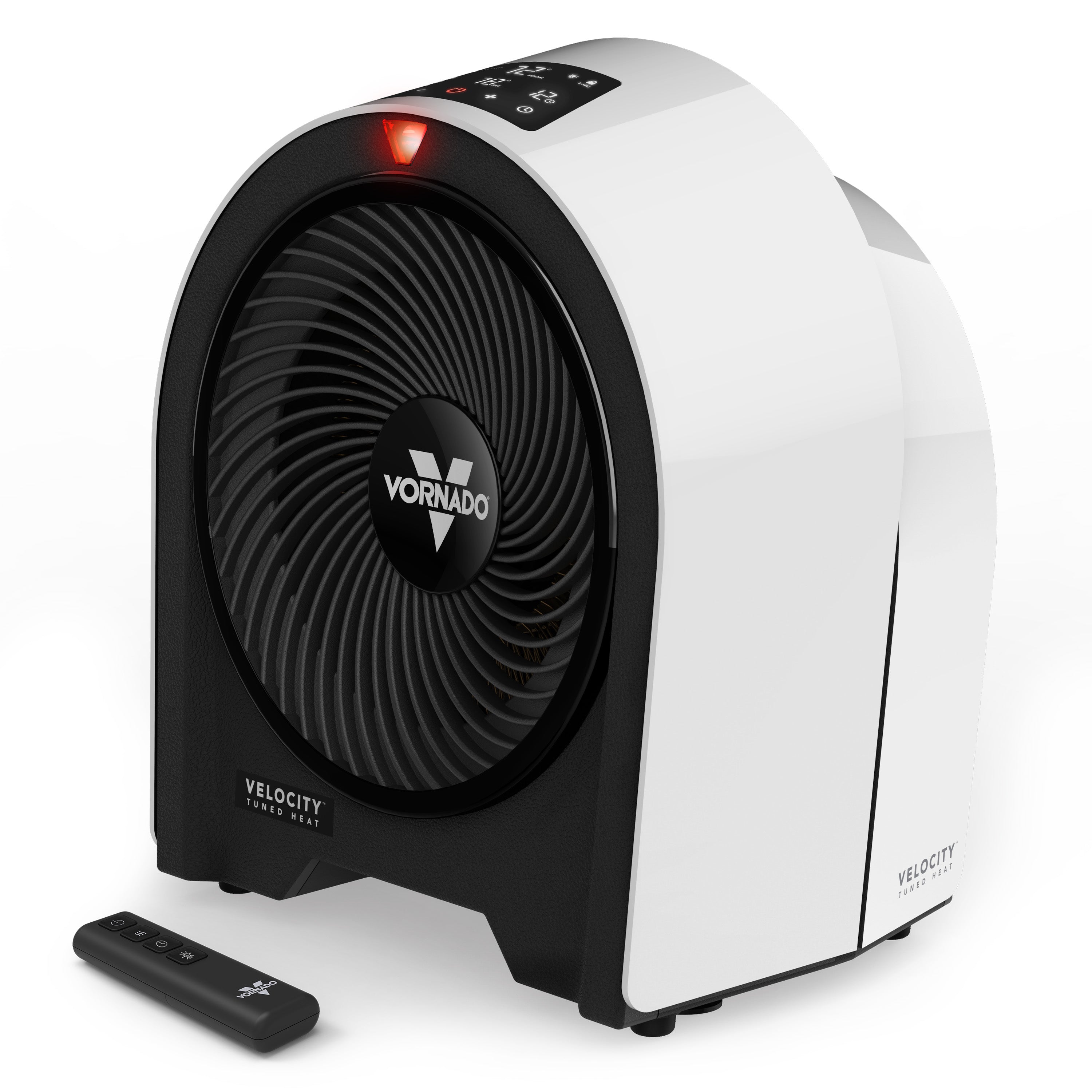 Vornado Velocity 5R Whole Room Space Heater in White, with circular front grille, top controls and remote