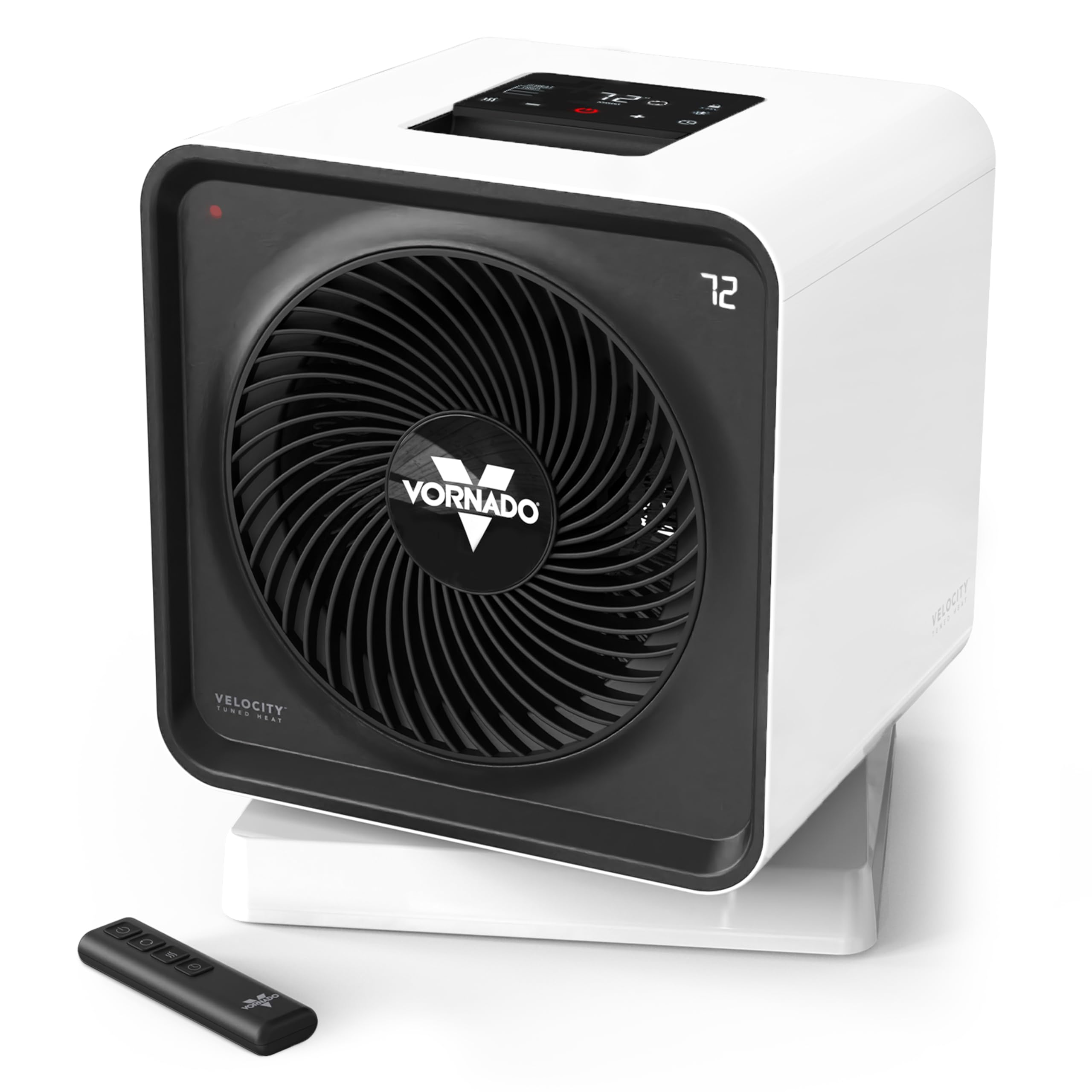 Vornado Velocity Cube 5 OSC in Ice White with black circular grille, top controls and remote