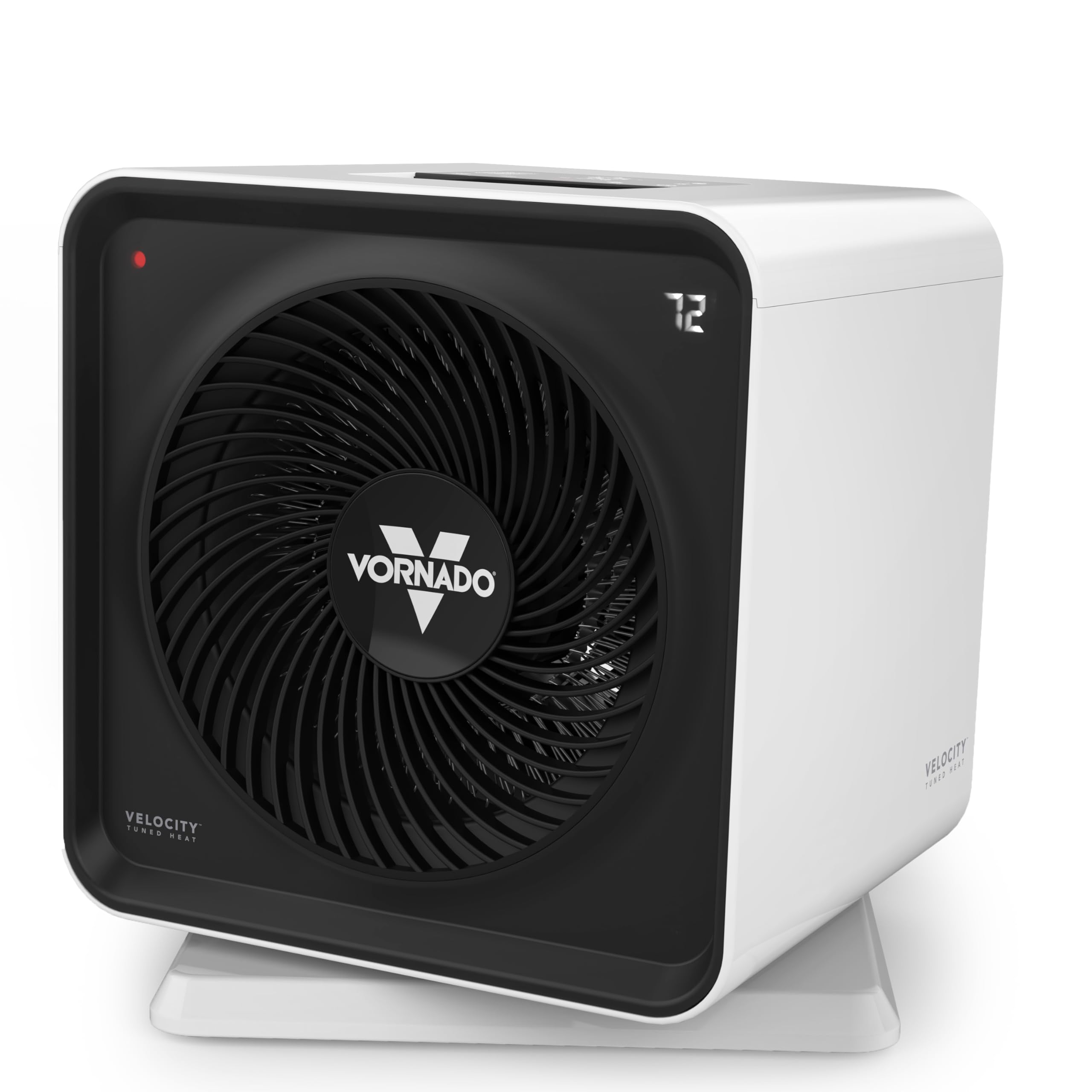 Vornado Velocity CUBE 5S Whole Room Space Heater (2025), white body with black circular grille and swiveling base