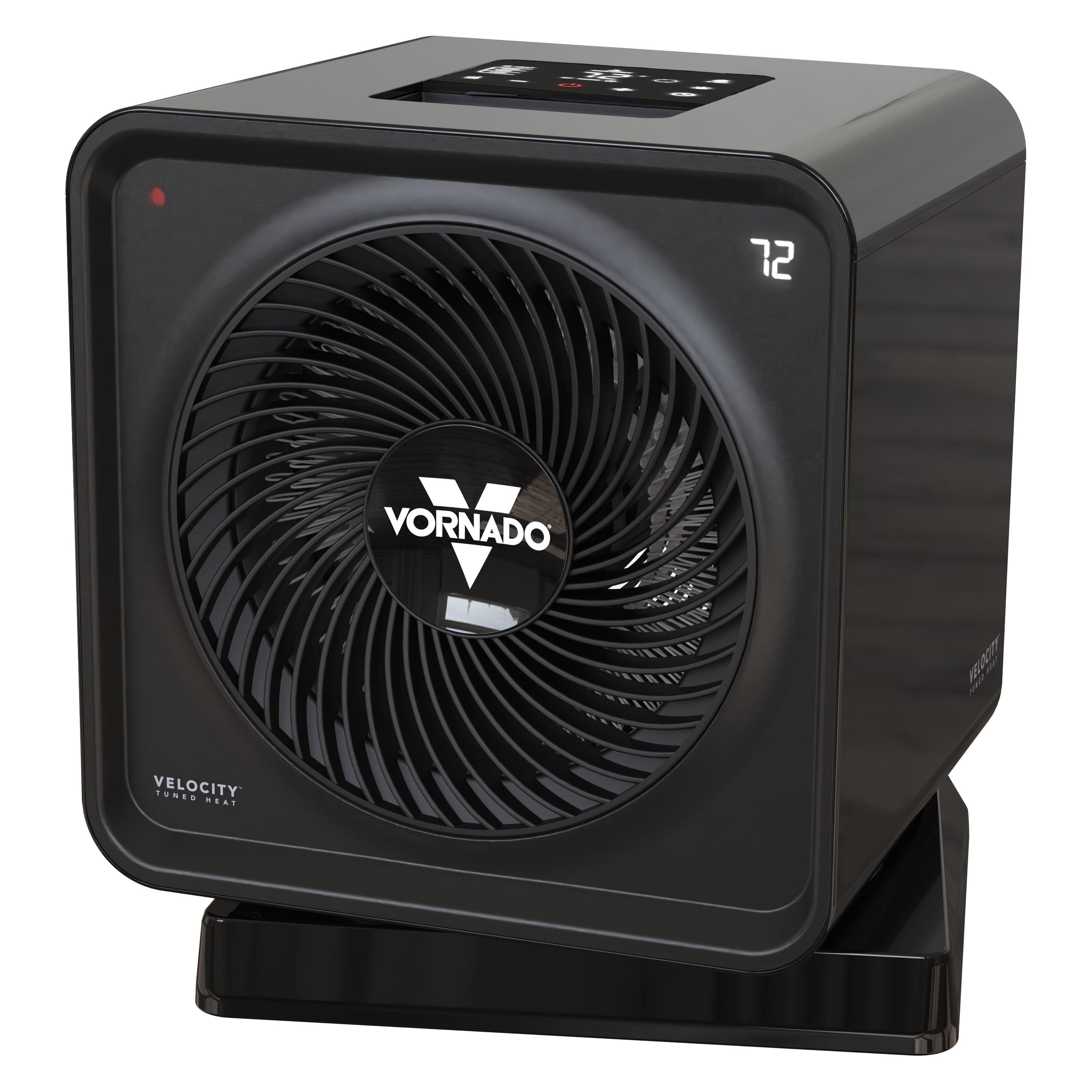 Vornado Velocity Cube Osc+ black square-bodied floor heater with a circular front grille and top touch controls