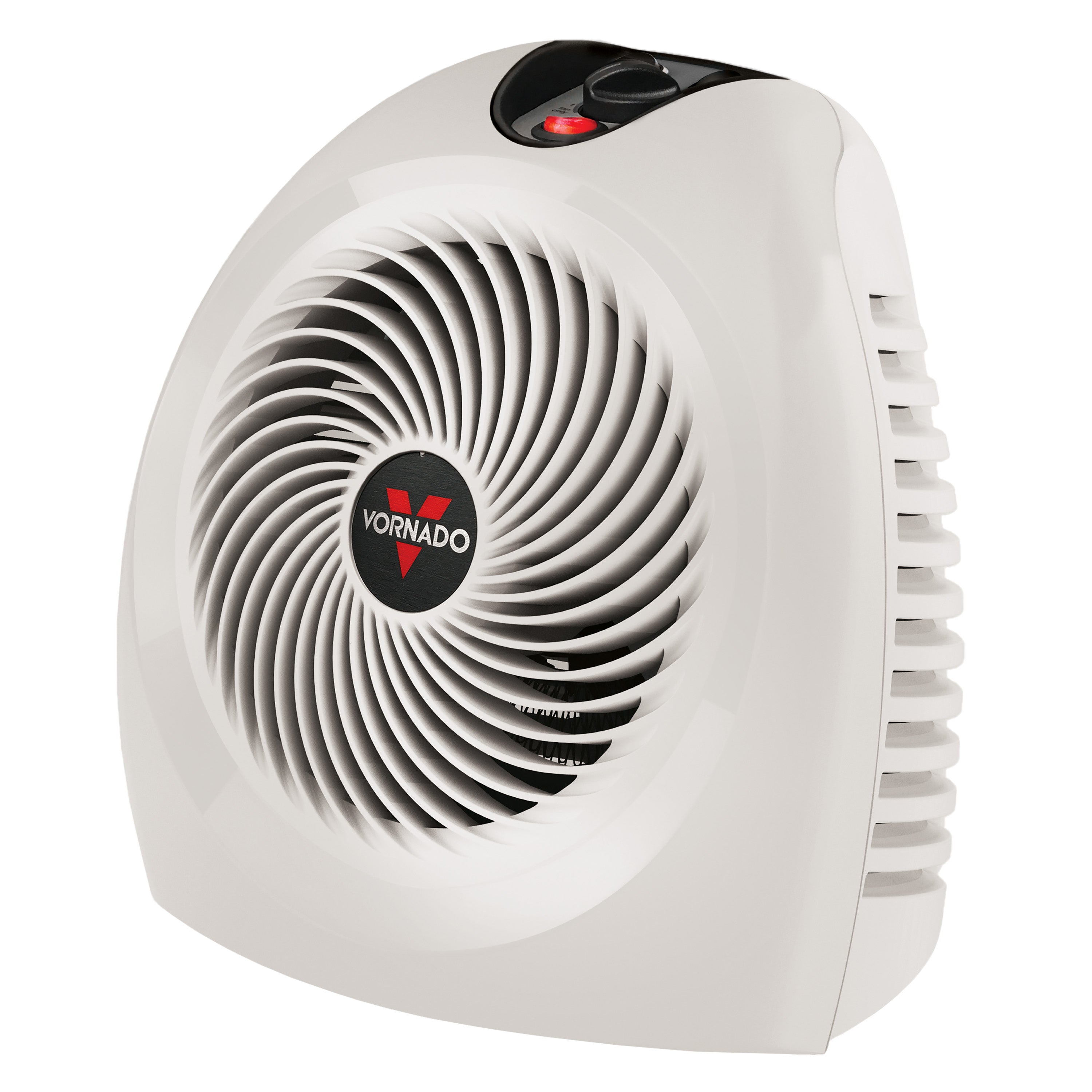 Stufa Vornado bianco sporco VH2 per riscaldare un’intera stanza, con griglia a spirale circolare, comandi meccanici superiori e prese d’aria laterali