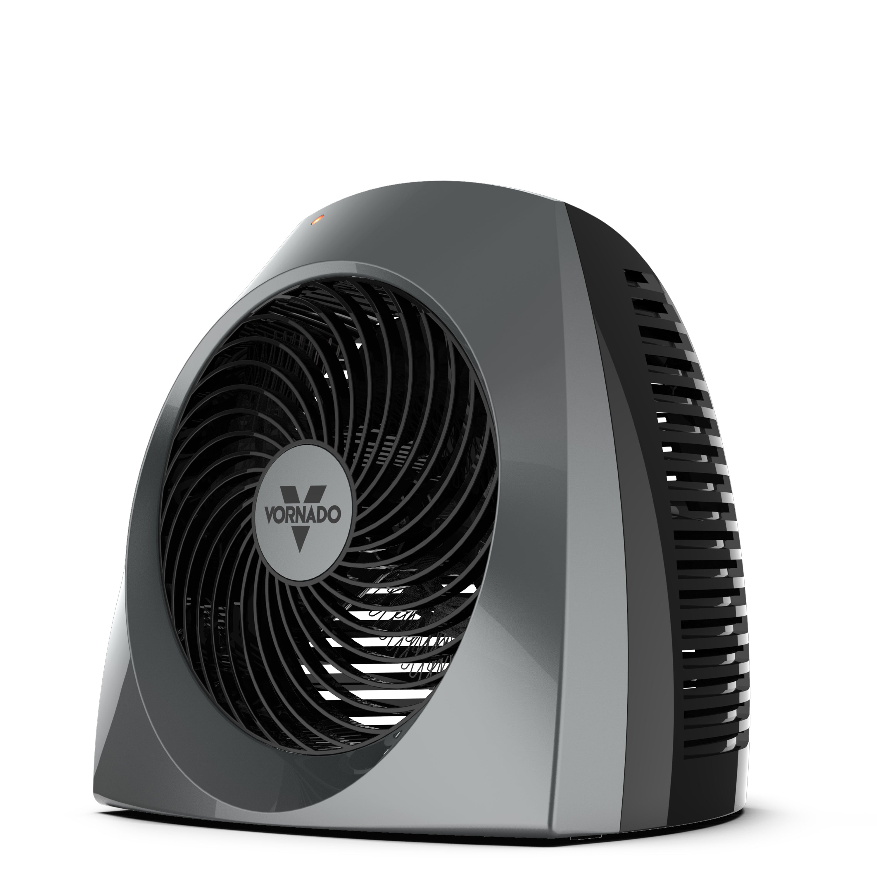 Vornado VH240 Whole Room Space Heater in Charcoal, squat floor heater with a circular front grille and side air inlets
