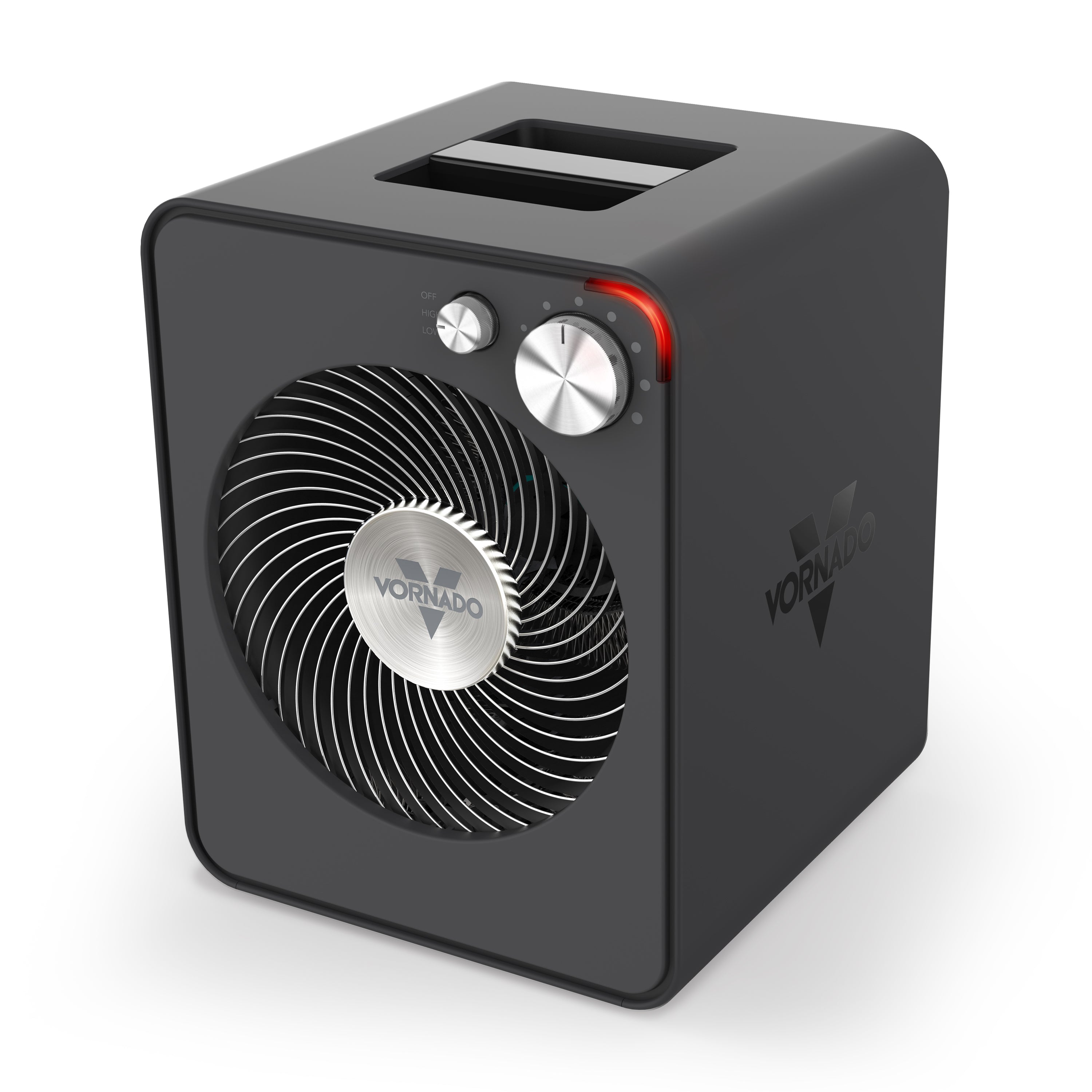 Vornado VMHi300 Whole Room Metal Heater, dark gray steel cabinet with front grille and two top controls.
