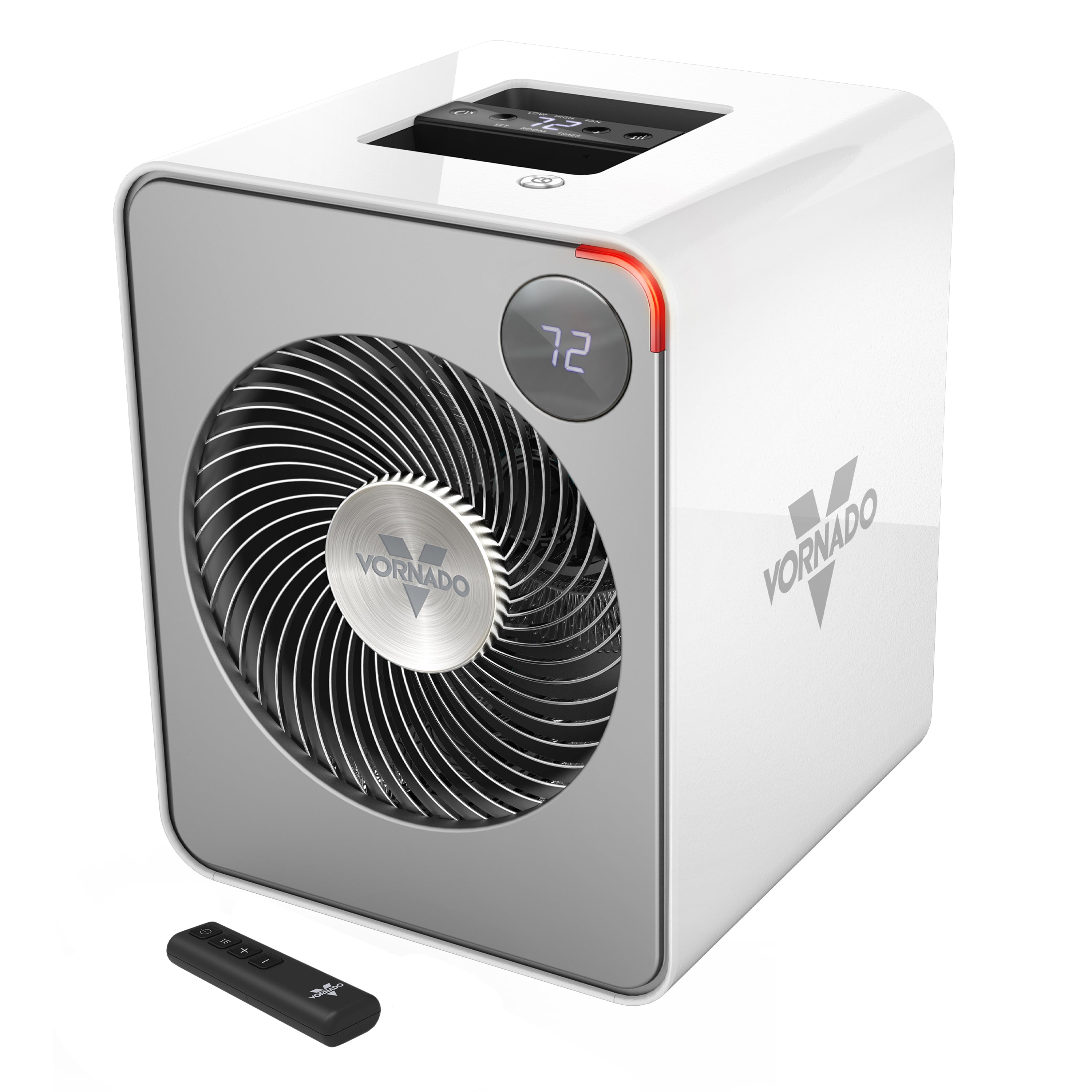Vornado VMHi500 Metal Heater with Auto Climate Control in Ice White, with dark front panel, round display and remote