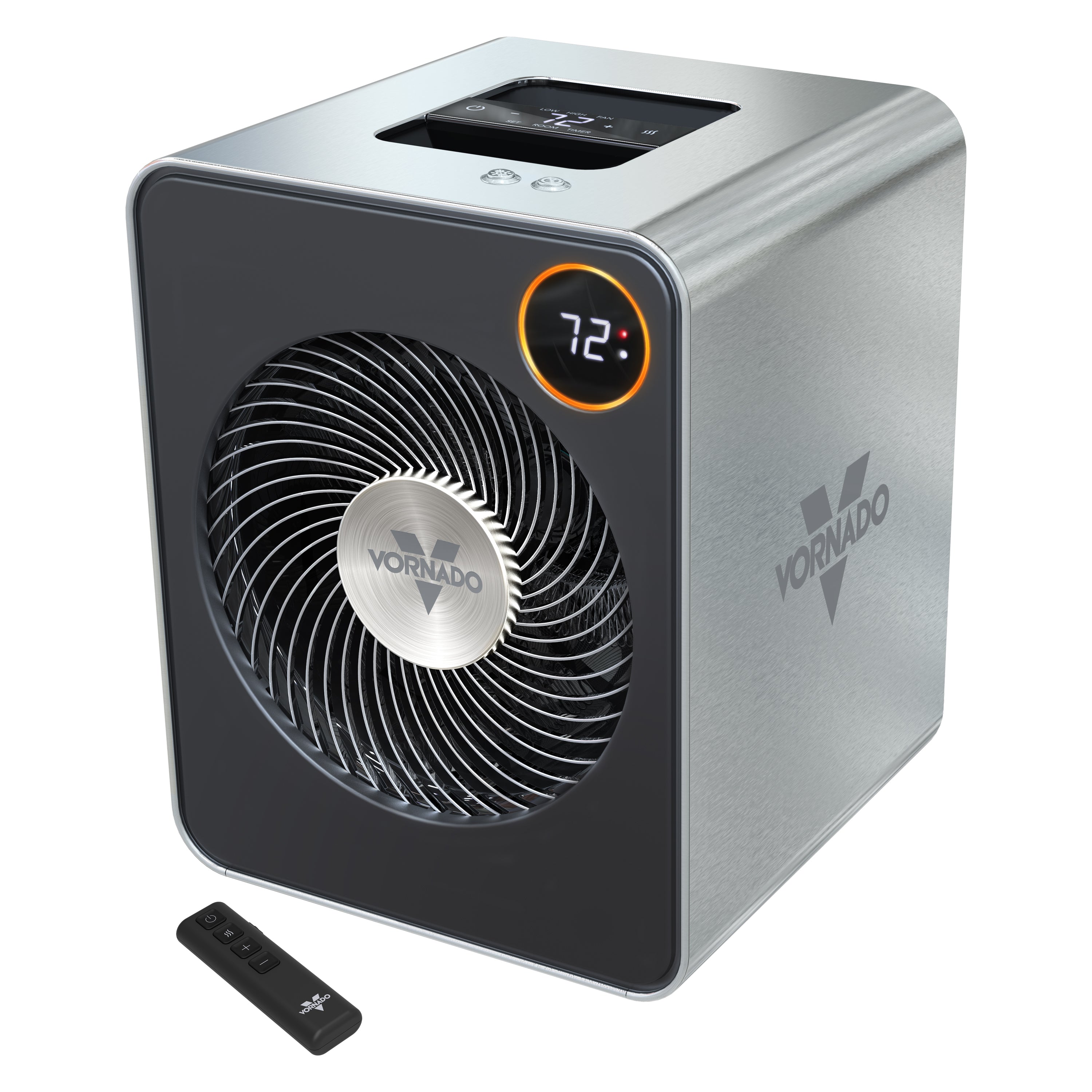Vornado VMHI600 silver steel whole-room heater with circular front grille, front temperature display, top controls and separate remote