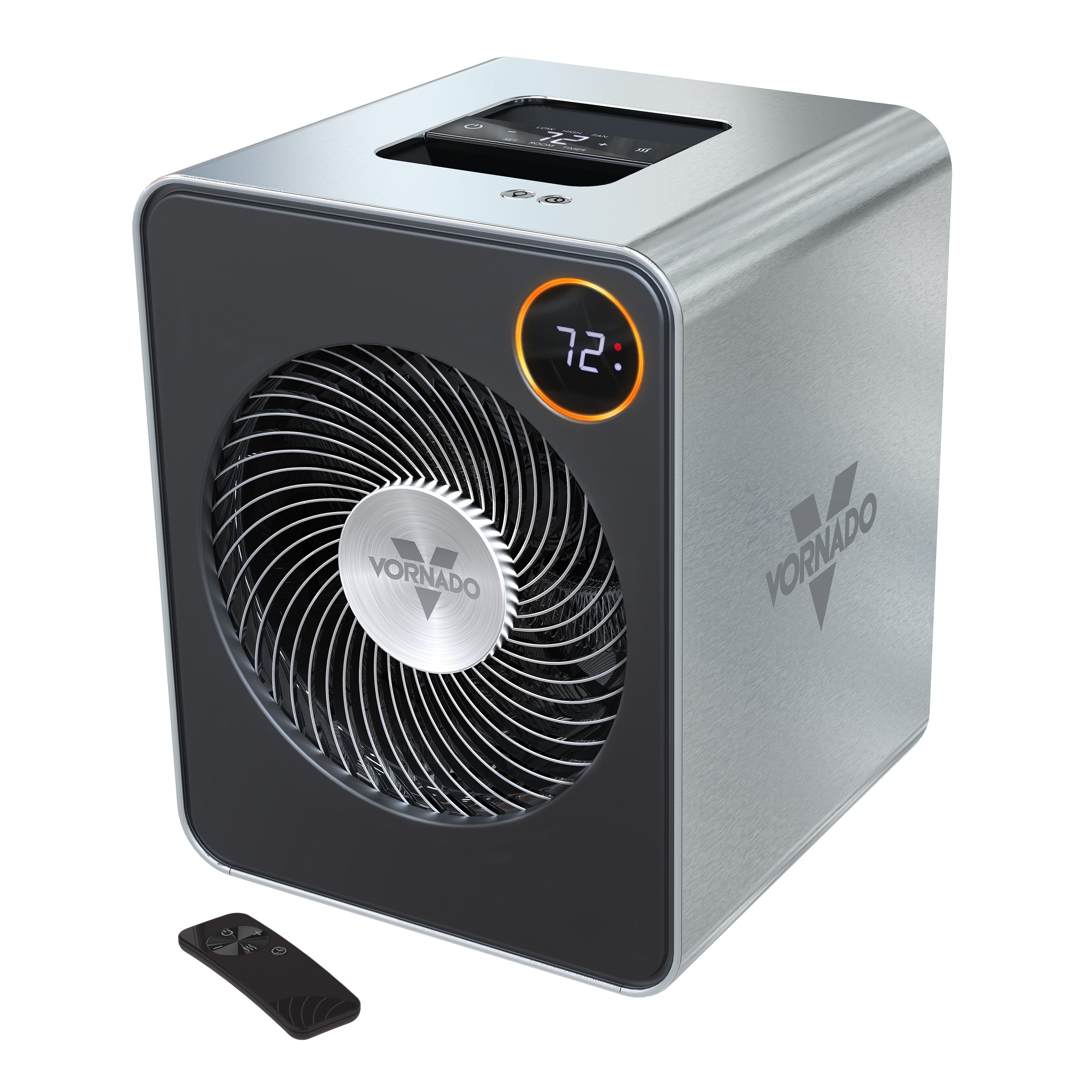 Vornado VMHi605 brushed stainless-steel whole-room heater with front/top displays and included remote